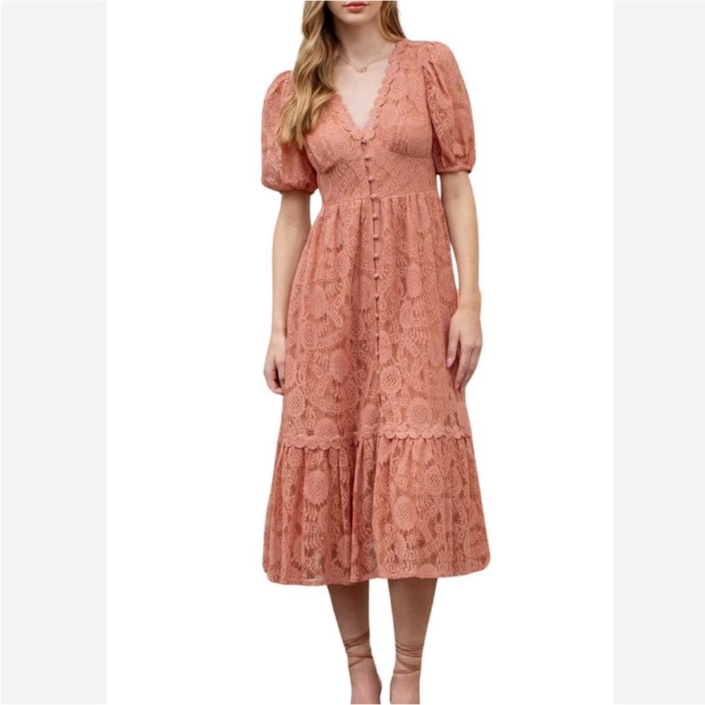 Blu Pepper Lace Short Sleeve Midi Dress Size S Women Feminine Wedding Guest
